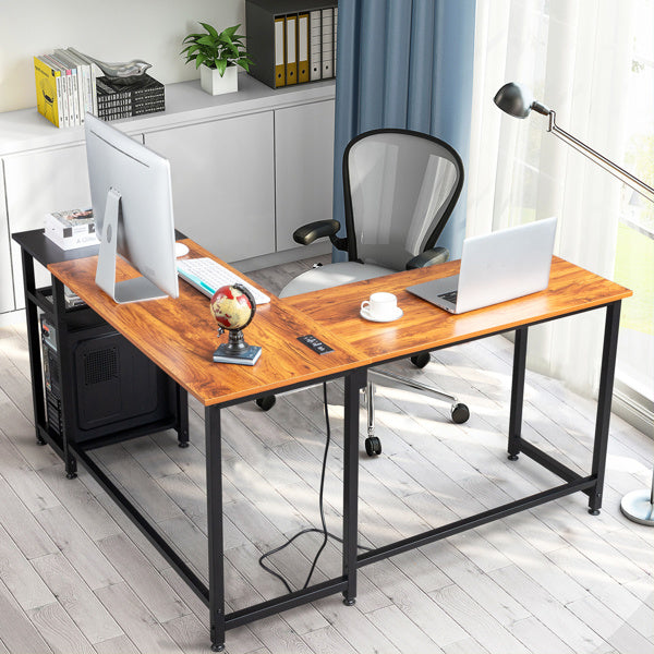 L-Shaped Desktop Computer Desk with Power Outlets & Shelf Tiger wood