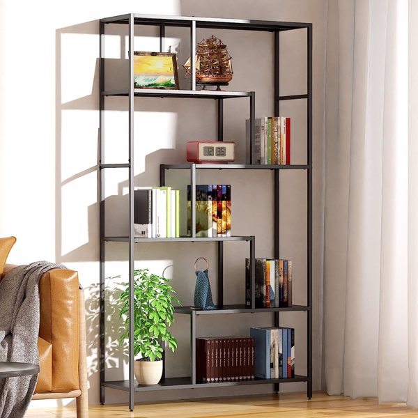 6 Tier Black Metal Bookshelf -Sturdy and Stylish Tall Open Bookcase for Plants, Books, and Décor, Multi-Purpose Display Shelf with Anti-Tip Wall Mounting - 73in Height, 39in Width