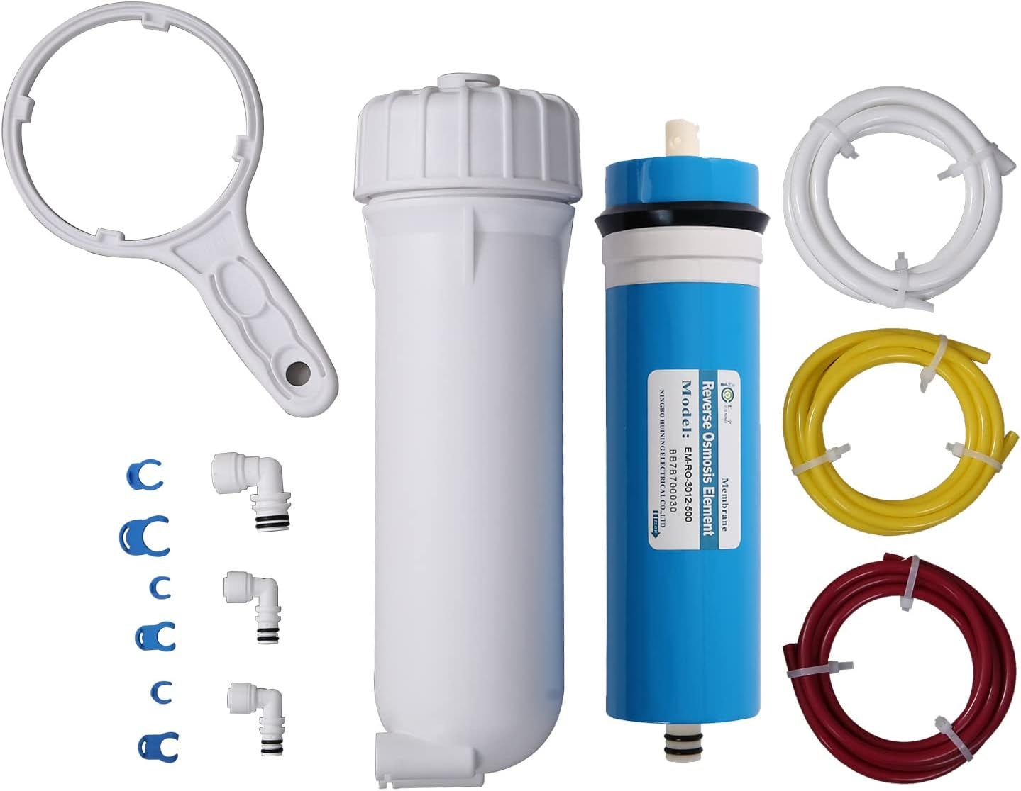 HUINING Reverse Osmosis Membrane 50/75/100/150/400/500GPD and RO Membrane Housing Kit with Quick Connector,Check Valve,Water Pipe,Wrench for Residential Household Hospital Water Filtration System