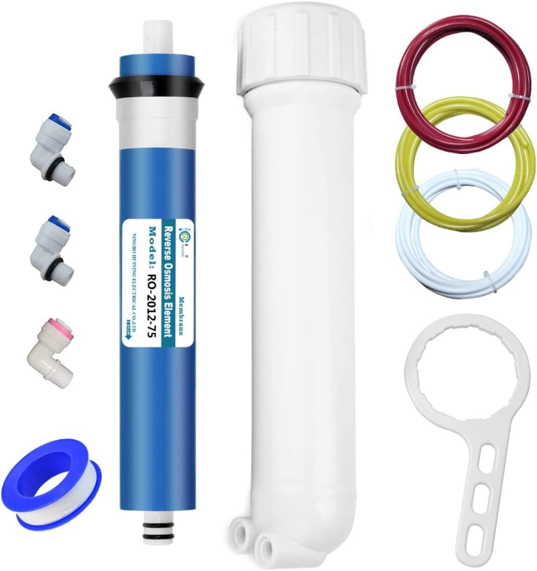 HUINING Reverse Osmosis Membrane 50/75/100/150/400/500GPD and RO Membrane Housing Kit with Quick Connector,Check Valve,Water Pipe,Wrench for Residential Household Hospital Water Filtration System