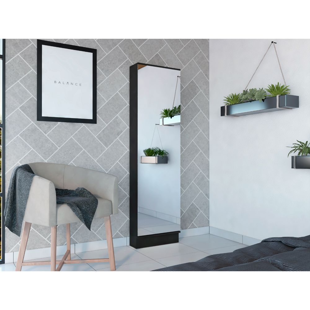 Ruan XL Shoe Rack, Mirror, Five Interior Shelves, Single Door Cabinet, Black