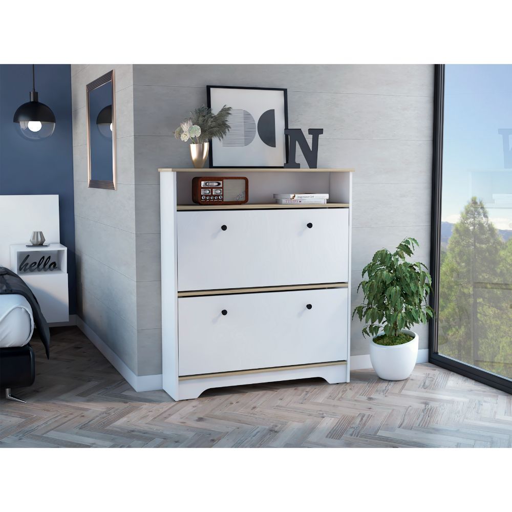 Brandford Shoe Rack, Superior Top, Two Shelves, Light Oak / White