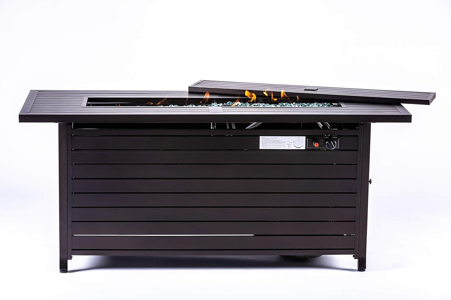 57 Inch Propane Fire Pit Table, 50,000BTU Outdoor Gas Fire Pit, 2 in 1 Rectangular Firepit Extruded Aluminum w/ Lid, Glass Beads, ETL Certified for Gatherings on Garden Backyard, Mocha