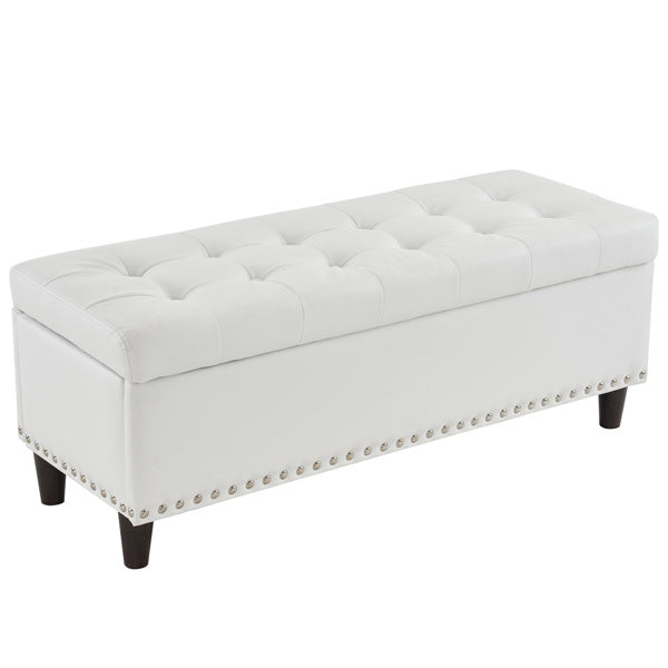 43 Inches 110*41*42cm PU With Storage Copper Nails Bedside Stool Footstool Off-White