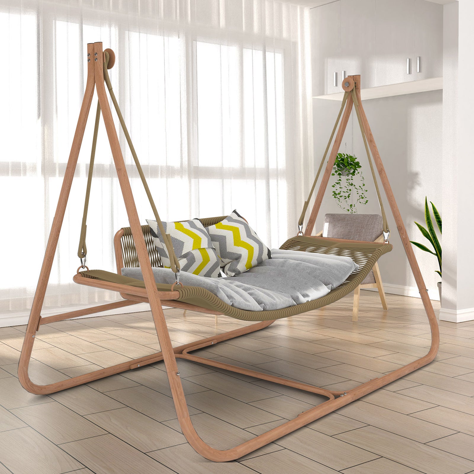 JESE Hammock Swing Chair with Stand for Indoor,Outdoor, Anti-Rust Wood-Colored Frame 570 lbs Capacity with Cushion Oversized Double Hammock Chair for Patio Balcony Bedroom Ban on Amazon