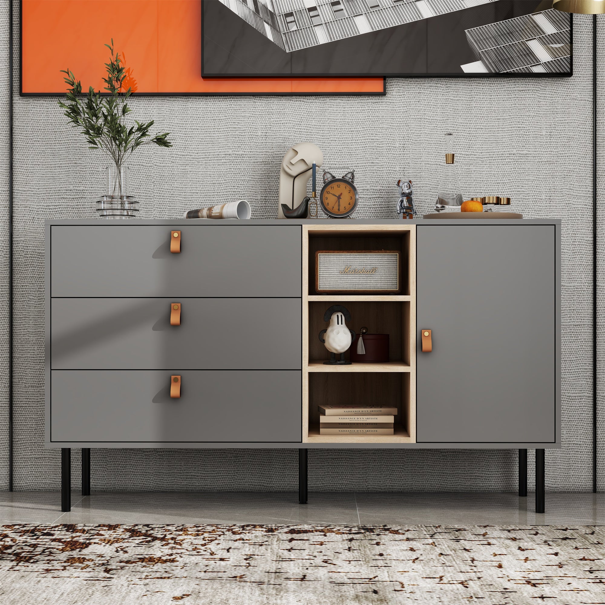 Only Pick Up Modern sideboard with three drawers, one door and 3 open shelves