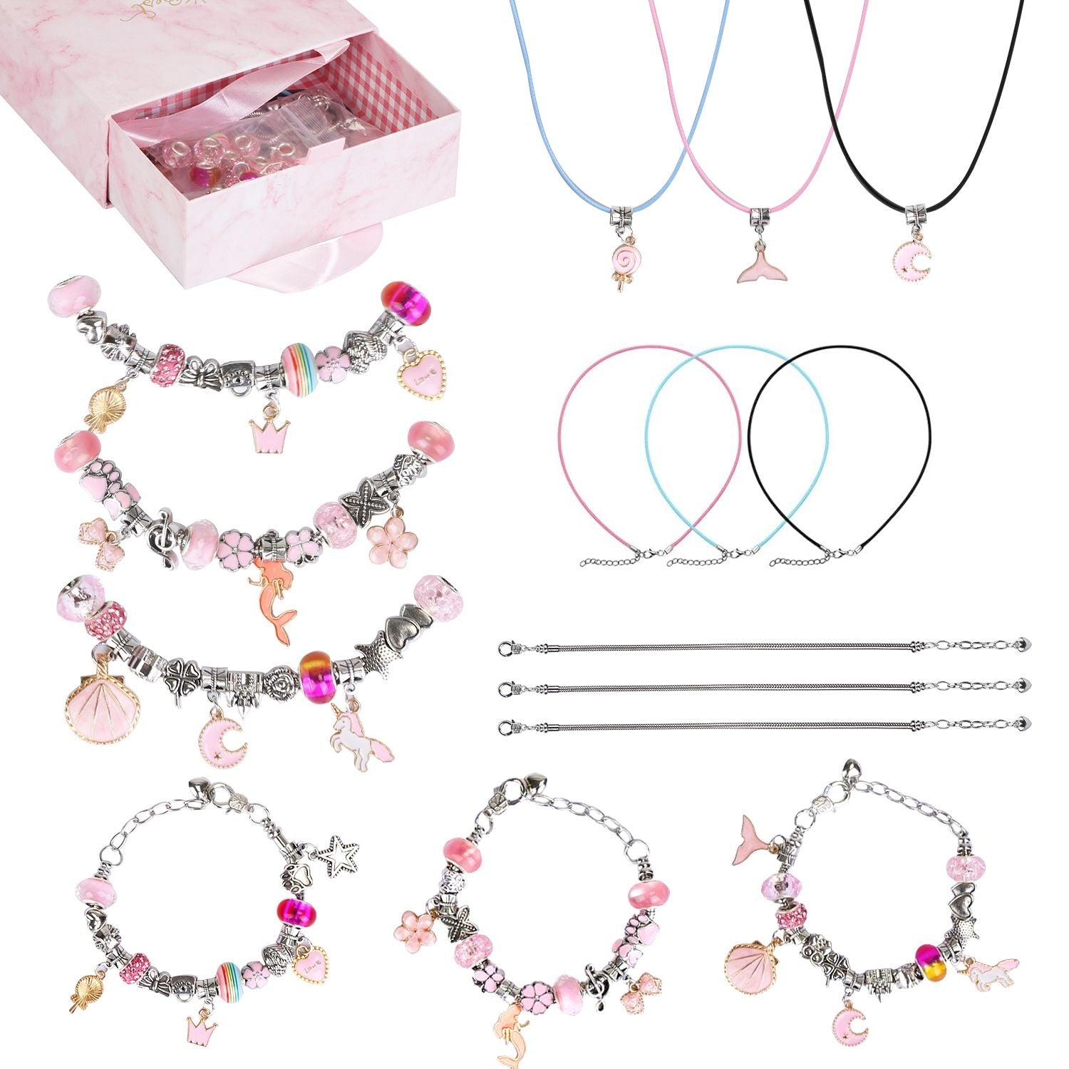 66Pcs Charm Bracelet Making Kit Kids' Jewelry Necklace Making Kits Colorful DIY Charm Beads Pendant Set Jewelry Decor Supplies with Gift Box for 5-12 Years Old Girls