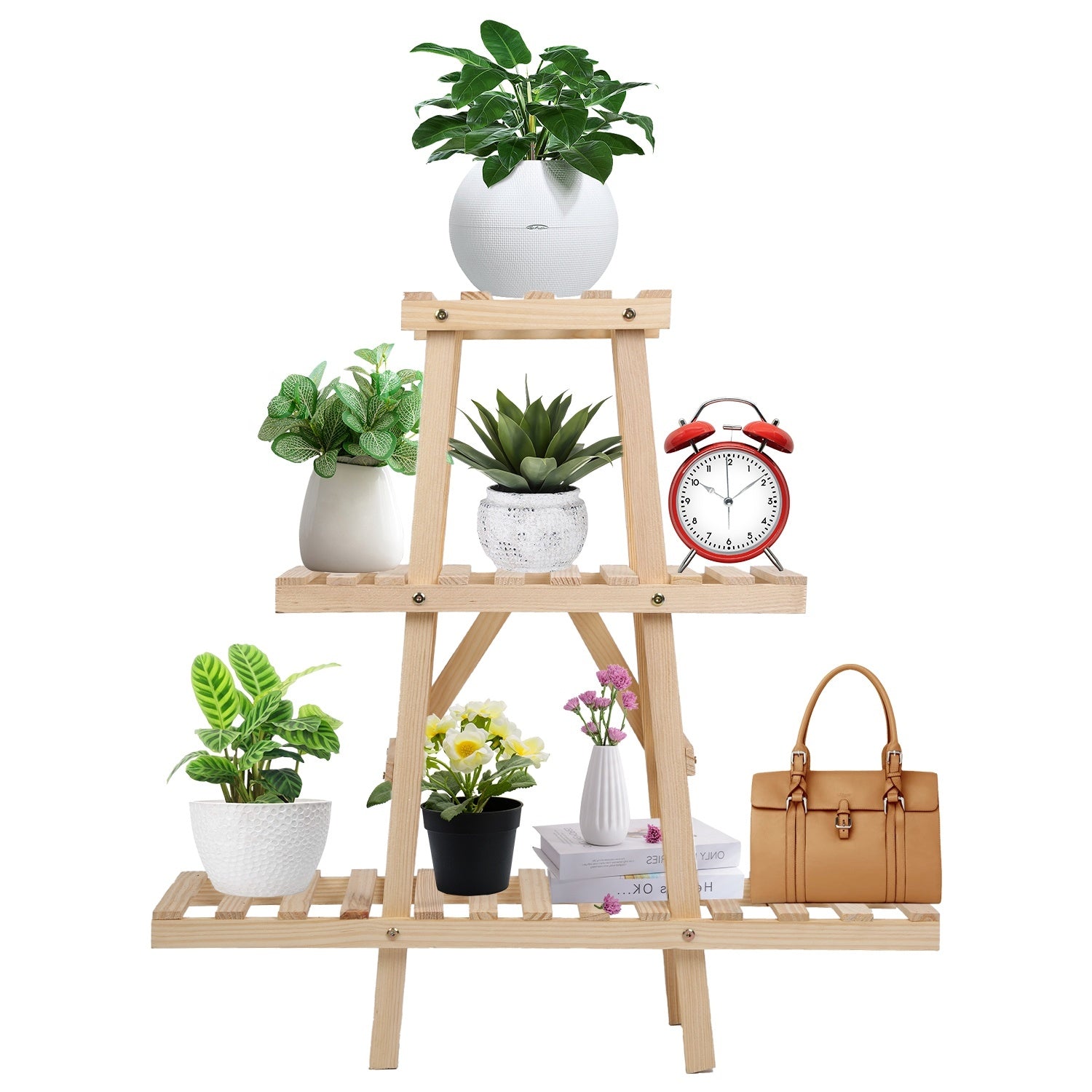 Wooden Plant Stand 3-Tier Potted Flower Shelf Multi-tier Flower Pot Rack Holder Triangle Ladder Plant Vase Display Rack 82lbs Max Load for Indoor Patio Balcony Garden