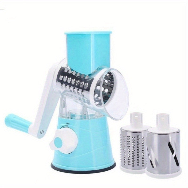 Vegetable Slicer, 3 in 1 Round Veggie Chopper Fruit Cutter Cheese Shredder Rotary Drum Grater with 3 Stainless Steel Blades,1 Julienne peeler and 1 Brush.