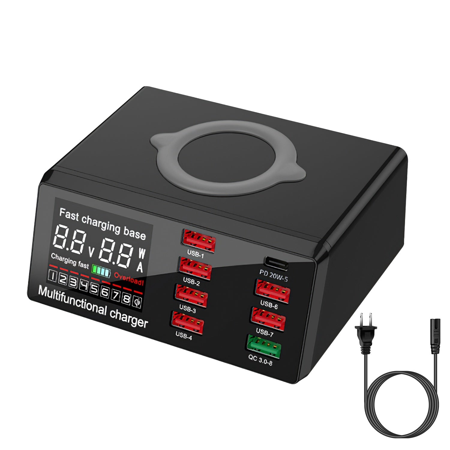 100W USB Charger Hub 8-Port USB Charging Station with LCD Display Wireless Charging Pad Wireless Fast Charger PD20W Port QC3.0 Port 6 USB Ports for IO