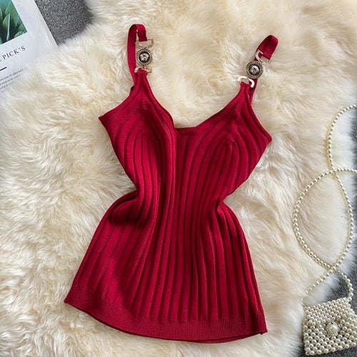 V-neck Halter Sweet Camisole Top 2021 Summer Women Sexy off-Shoulder Solid Color Sleeveless Camis Women's Clothing Tanks Tops
