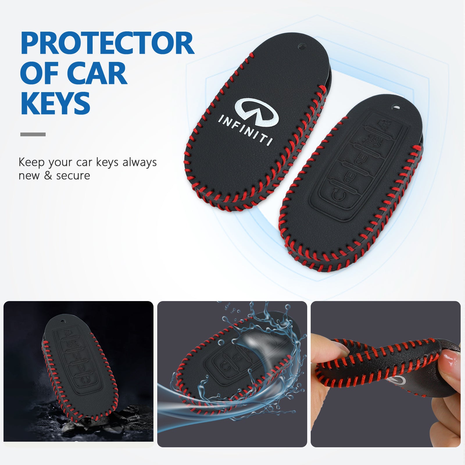 Leather Key Fob Case Cover for Infiniti with Key Chain, Key Holder Replacement Keychain for Infinity EX25 FX35 FX37 X50 G25 G35 G37 Q40 Q50 Q60 Q70 QX