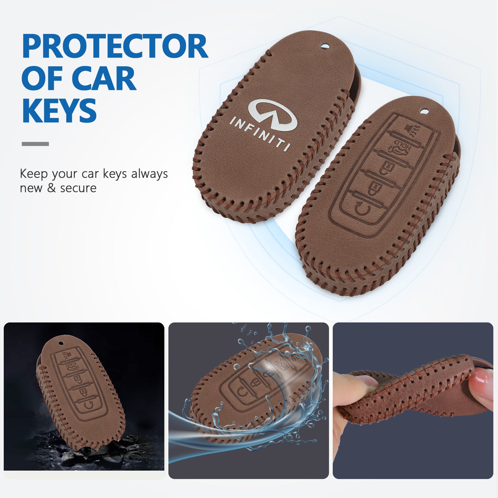 Leather Key Fob Case Cover for Infiniti with Key Chain, Key Holder Replacement Keychain for Infinity EX25 FX35 FX37 X50 G25 G35 G37 Q40 Q50 Q60 Q70 QX