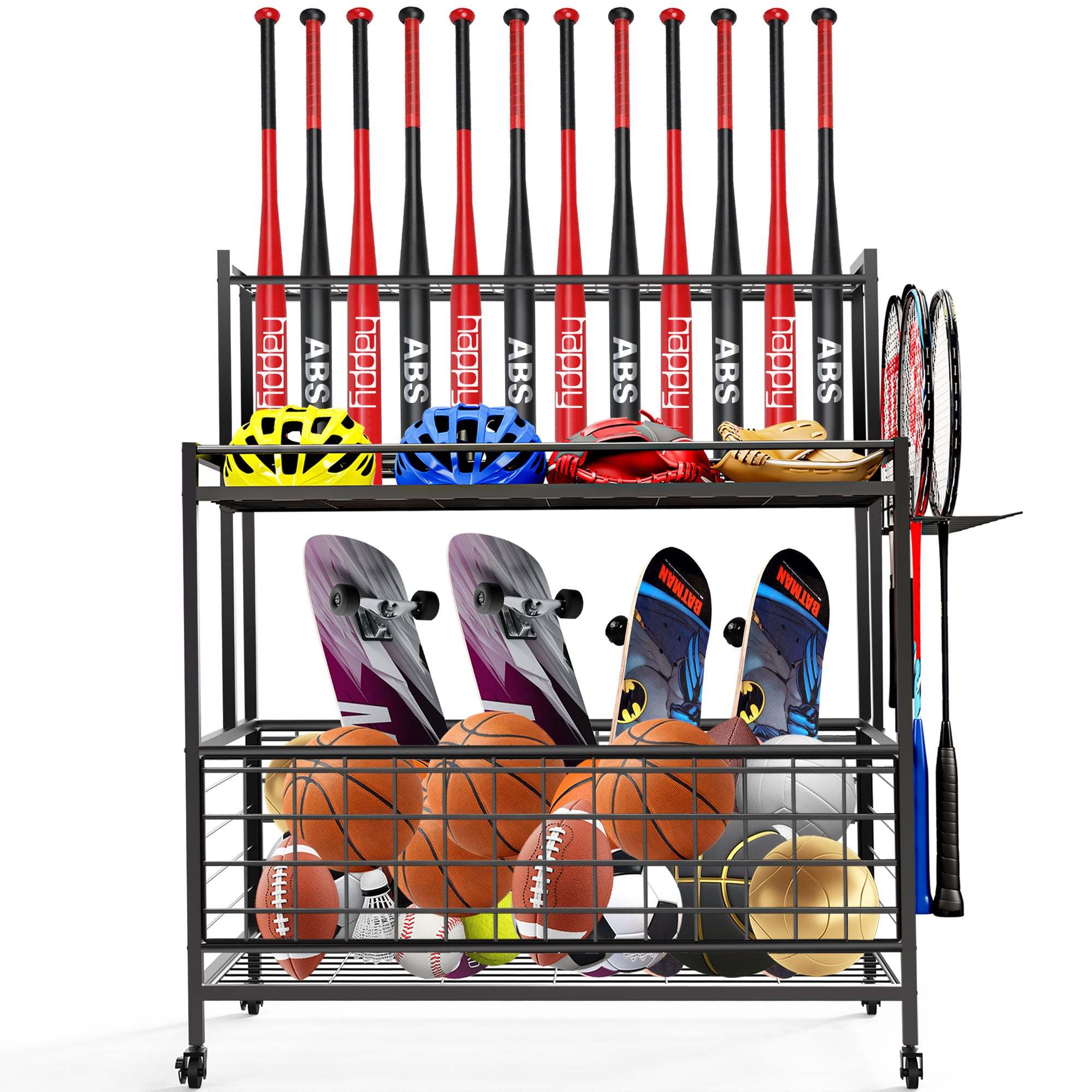Sports equipment storage box, garage ball storage, baseball bat holder can accommodate 24 bats, black