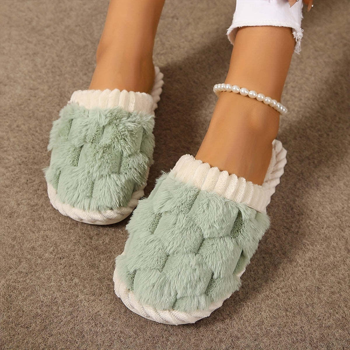 Cozy Colorblock Faux Fur Slippers Stylish Comfort for Indoors