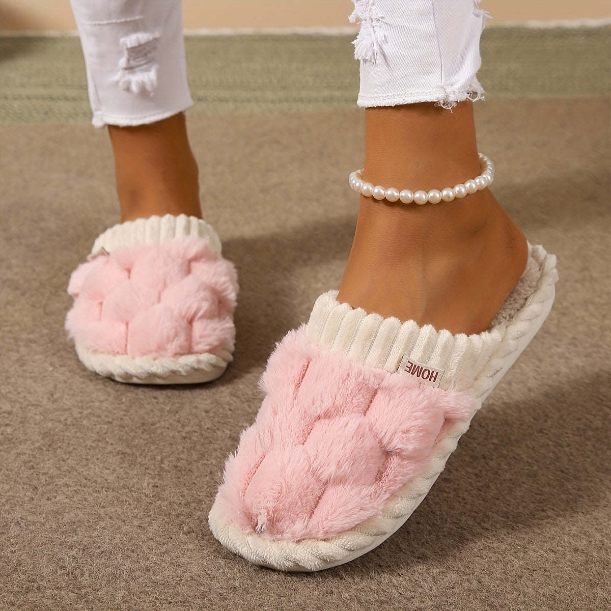Cozy Colorblock Faux Fur Slippers Stylish Comfort for Indoors