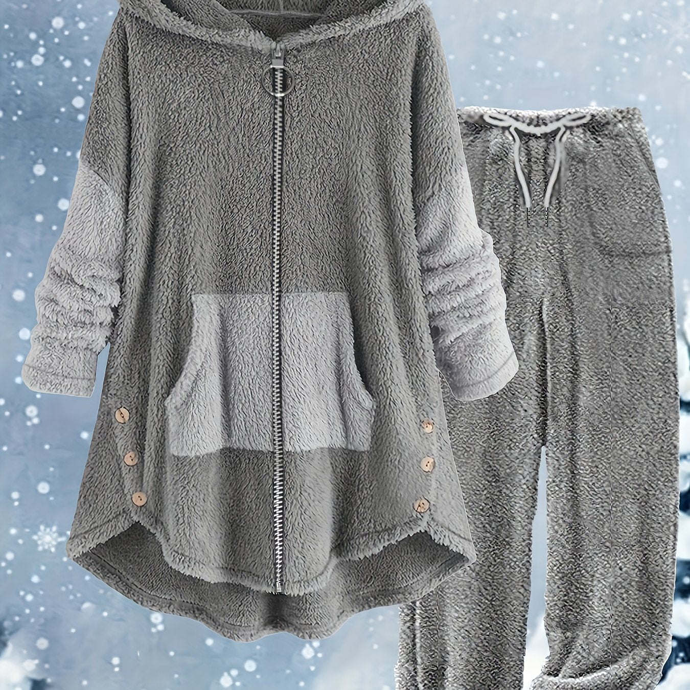 Colorblock Plus Size Fuzzy Hoodie Pants Set Trendy Casual Outfit for Women