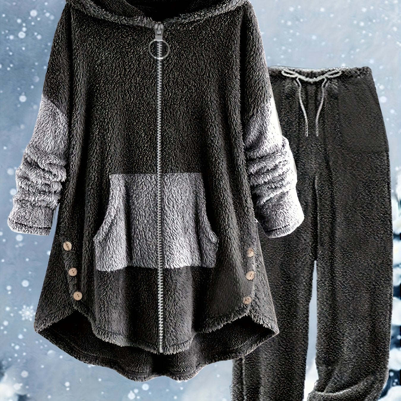 Colorblock Plus Size Fuzzy Hoodie Pants Set Trendy Casual Outfit for Women