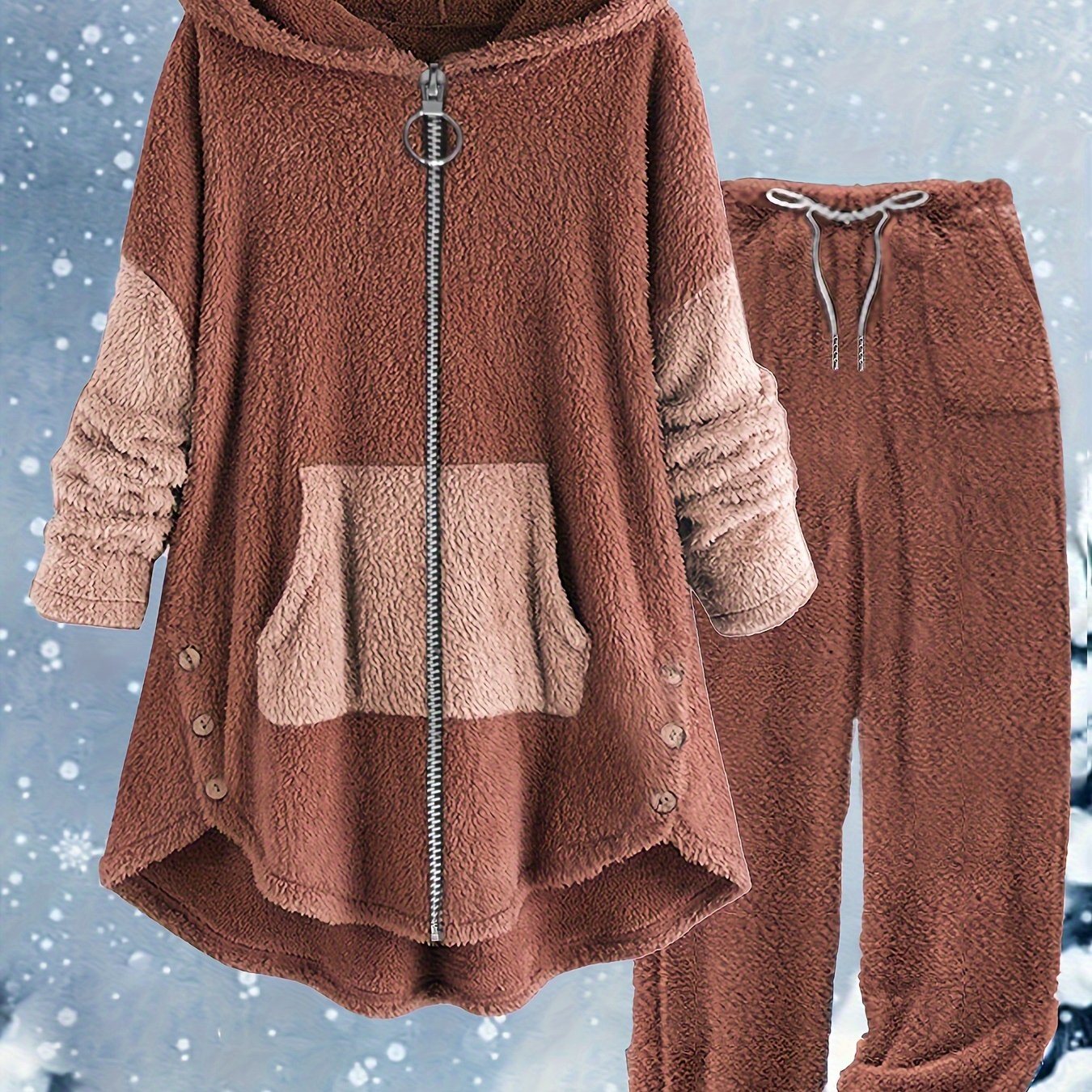 Colorblock Plus Size Fuzzy Hoodie Pants Set Trendy Casual Outfit for Women