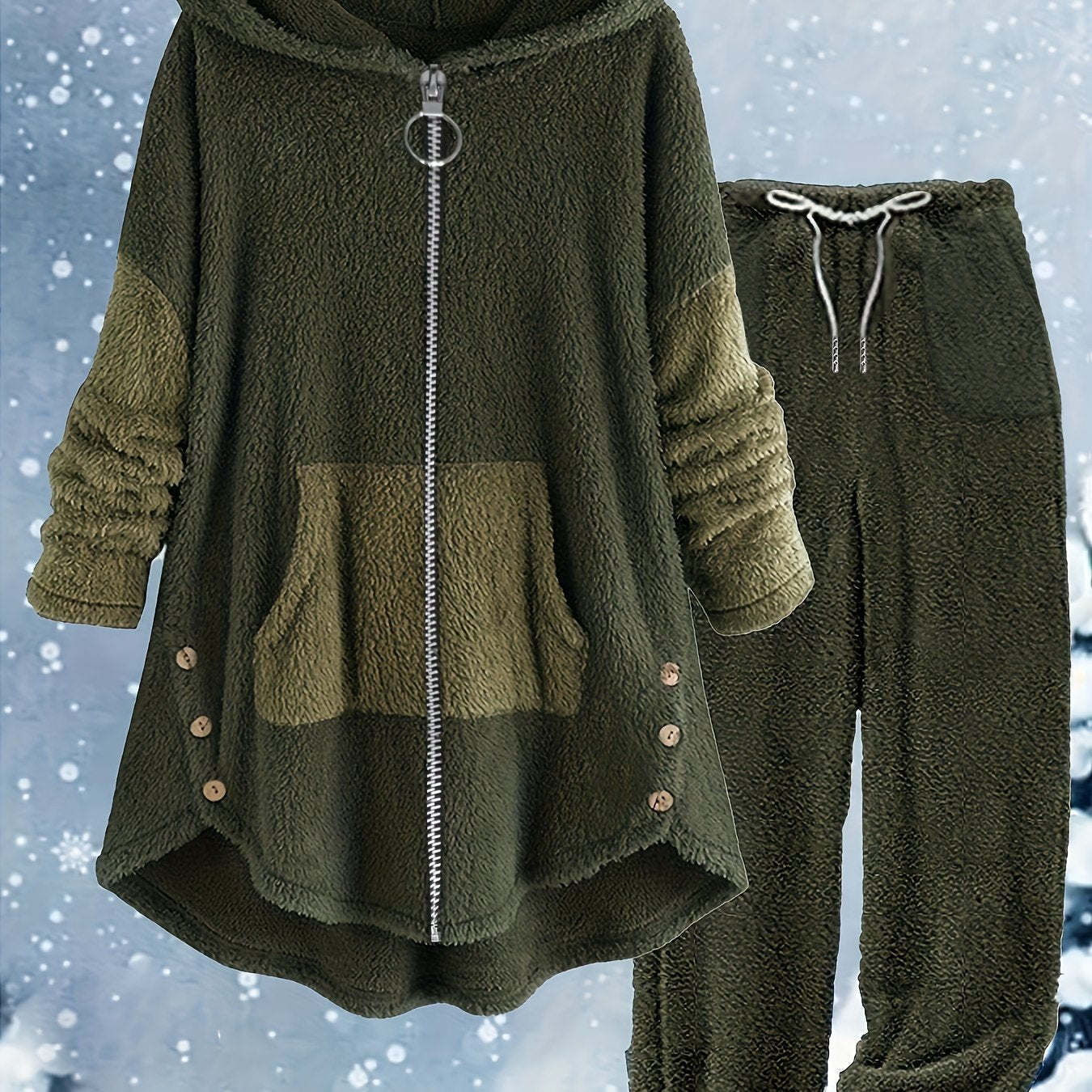 Colorblock Plus Size Fuzzy Hoodie Pants Set Trendy Casual Outfit for Women