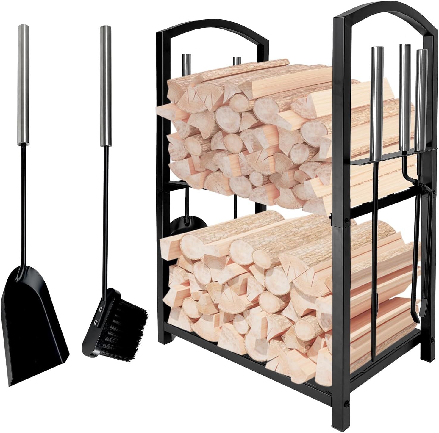 Firewood Rack Indoor with 4pcs Fireplace Tools Set,Iron Wood Rack for Firewood Storage,Log Holder for Outdoor Fire Pit and Wood Stove with Poker,Brush,Shovel,Tongs,Black,45x30x74.5cm