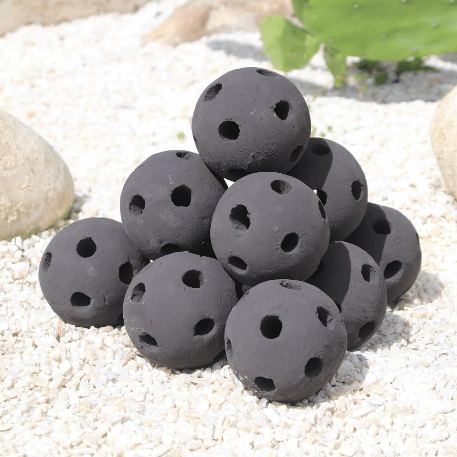 Hollow Ceramic Fire Balls, Set of 10 Fireplace Balls, Modern Accessory for Indoor/Outdoor Fire Pits or Fire Tables, Brushed Concrete Look, Midnight Black, 3 Inch