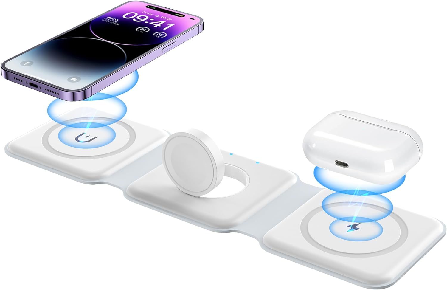 Wireless Charger, Magnetic Foldable 3 in 1 Mag-Safe Charger Applicable with wireless charging mobile phone watch earphones