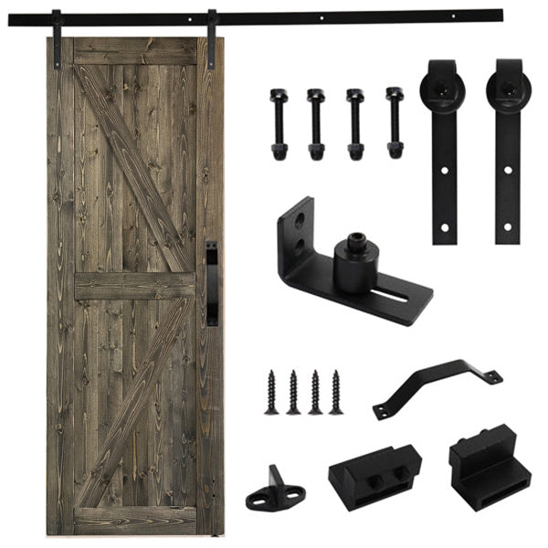 30 in. x 84 in. Sliding Barn Door with 5FT Barn Door Hardware Kit & Handle , K Frame, Solid Spruce Wood, gray spray paint