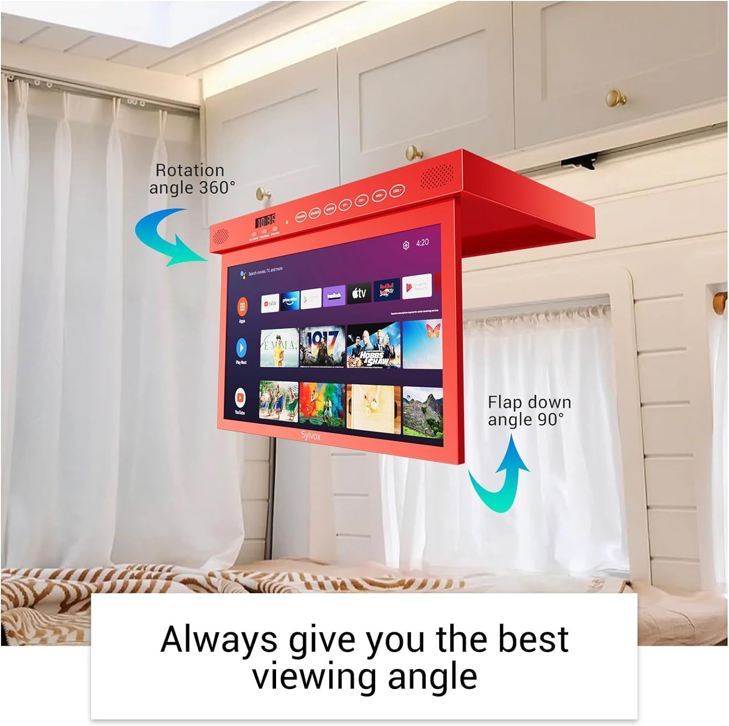 SYLVOX 15.6 inch Smart TV for Kitchen, 1080P RV TV Under Cabinet Television, Smart Android TV Rotated & Folded, Support Google Assistant WiFi Bluetoot