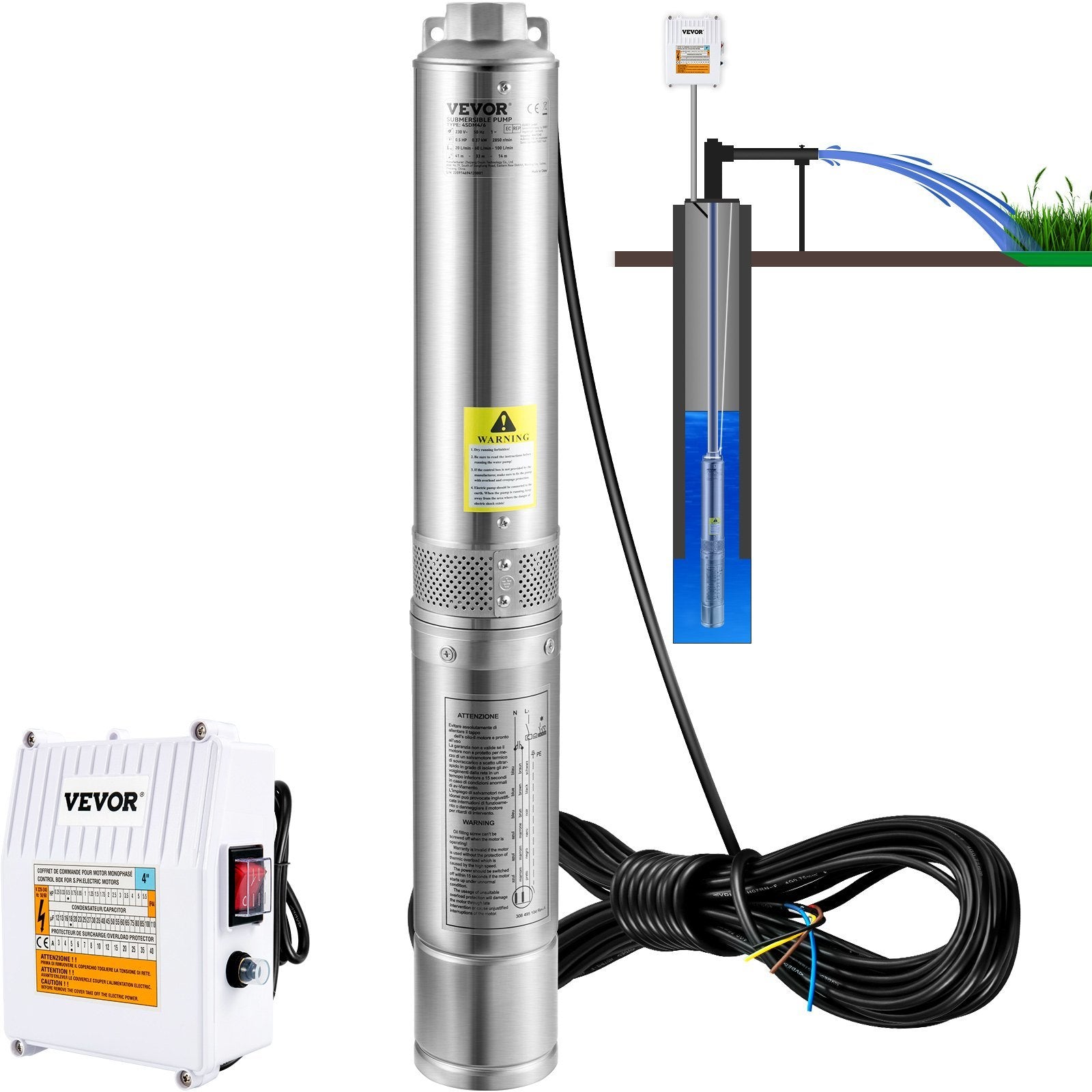 VEVOR Deep Well Submersible Pump, 2HP 230V/60Hz, 37GPM 427 ft Head, with 33 ft Cord & External Control Box, 4 inch Stainless Steel Water Pumps for Ind
