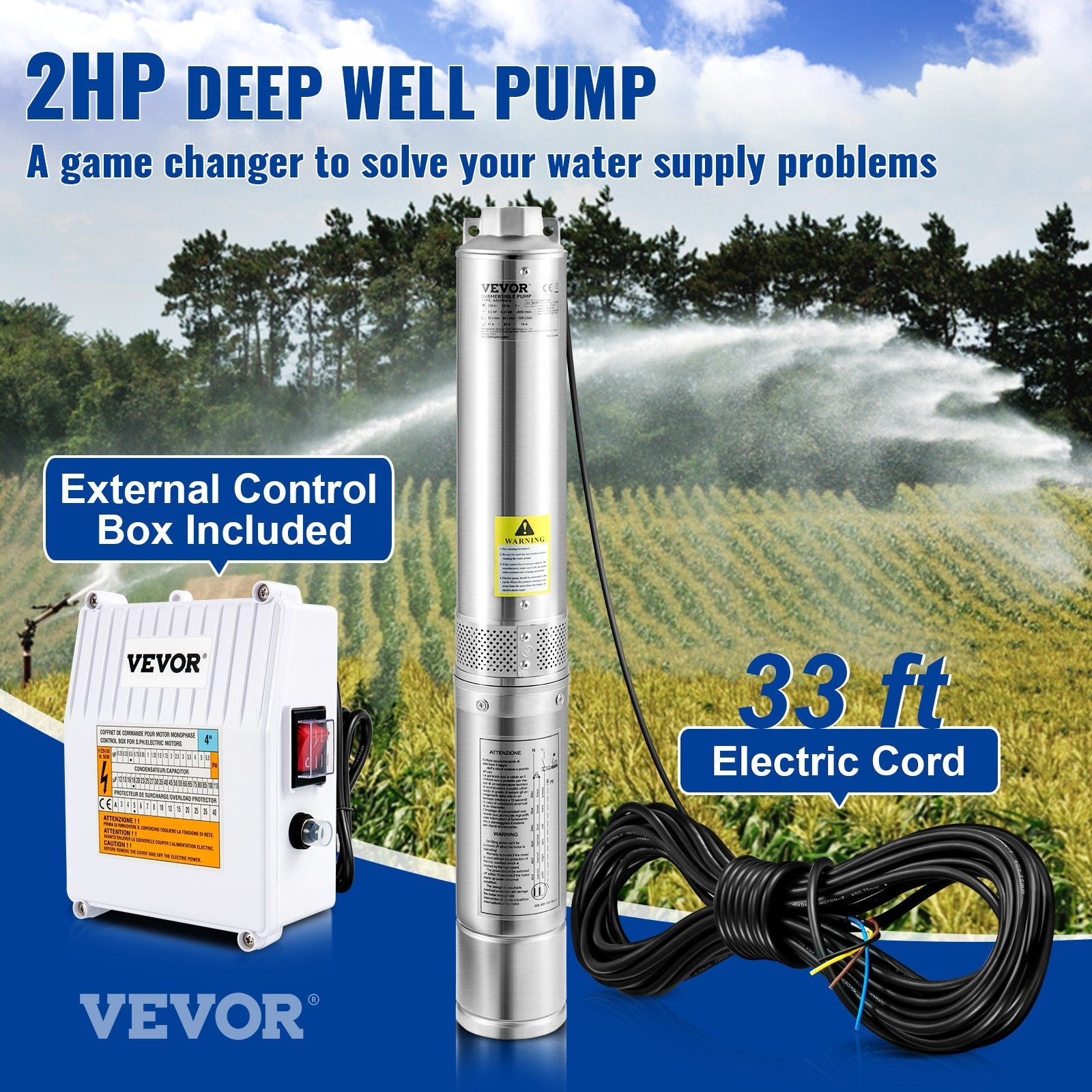 VEVOR Deep Well Submersible Pump, 2HP 230V/60Hz, 37GPM 427 ft Head, with 33 ft Cord & External Control Box, 4 inch Stainless Steel Water Pumps for Ind