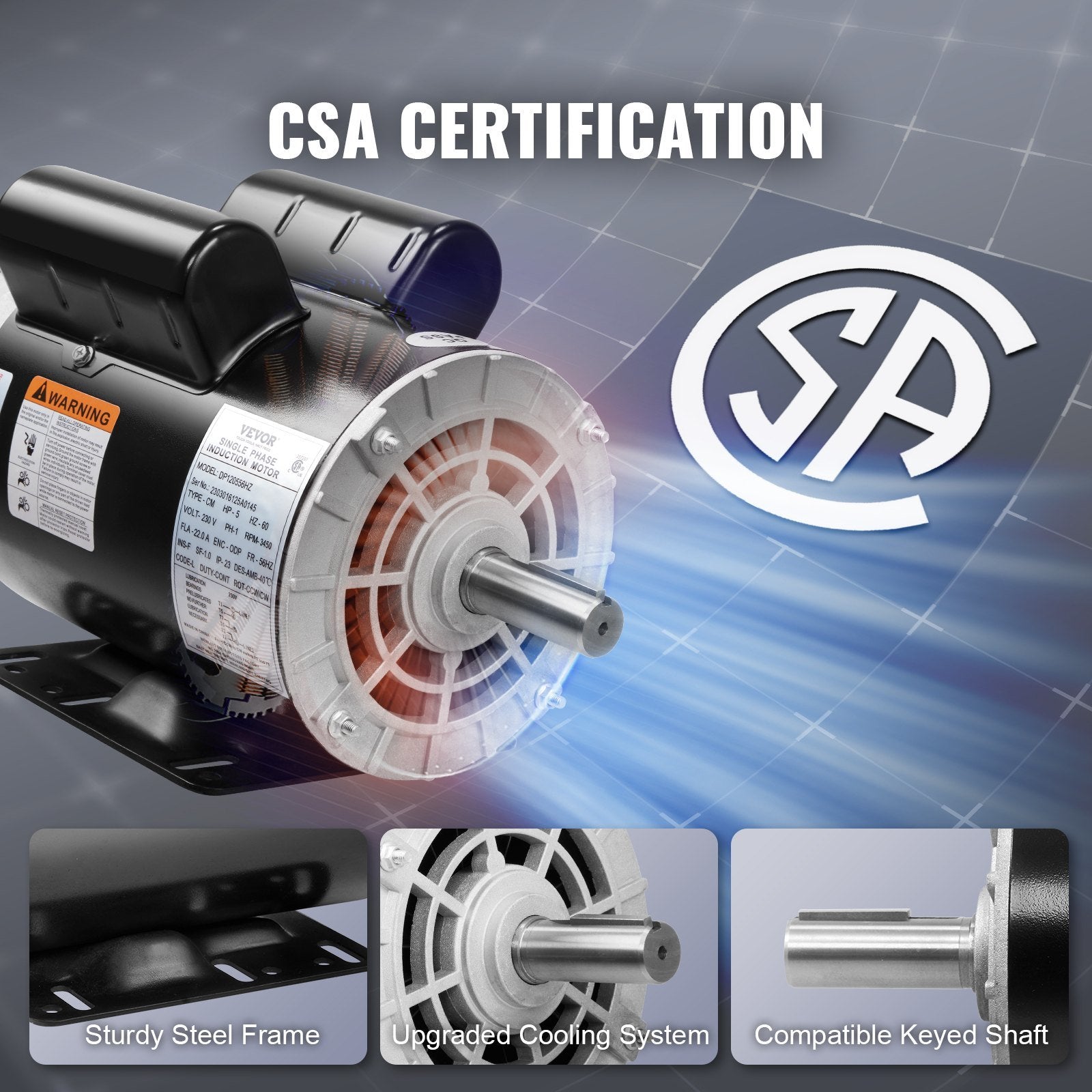 VEVOR 5HP Air Compressor Electric Motor, 230V 22 Amps, 56HZ Frame 3450RPM, 7/8" Keyed Shaft, CW/CCW Rotation, 2.25" Shaft Length for Air Compressors