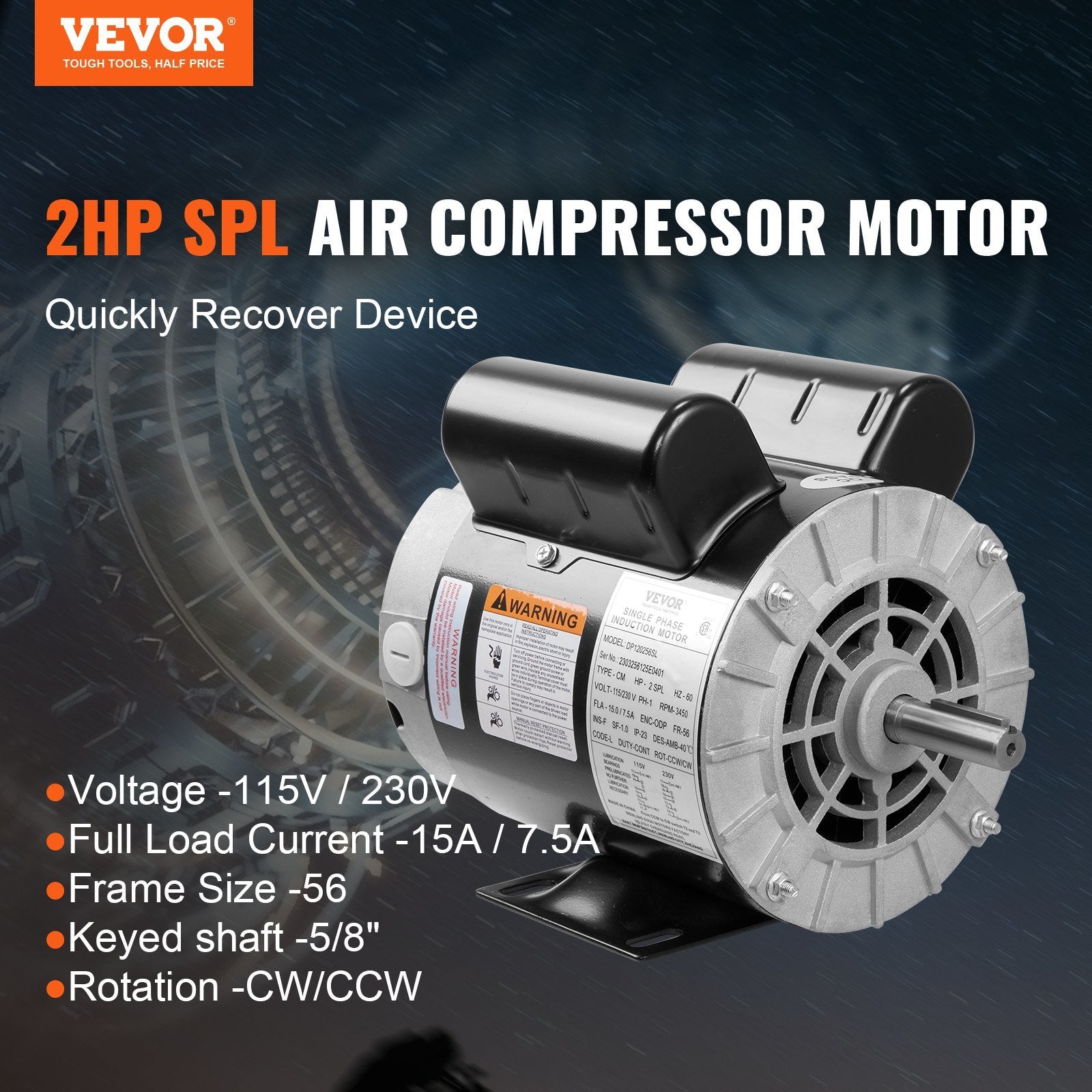 VEVOR 2HP SPL Air Compressor Electric Motor, 115/230V, 15/7.5Amps, 56 Frame 3450RPM, 5/8" Keyed Shaft, CW/CCW Rotation, 1.88" Shaft Length for Air Com