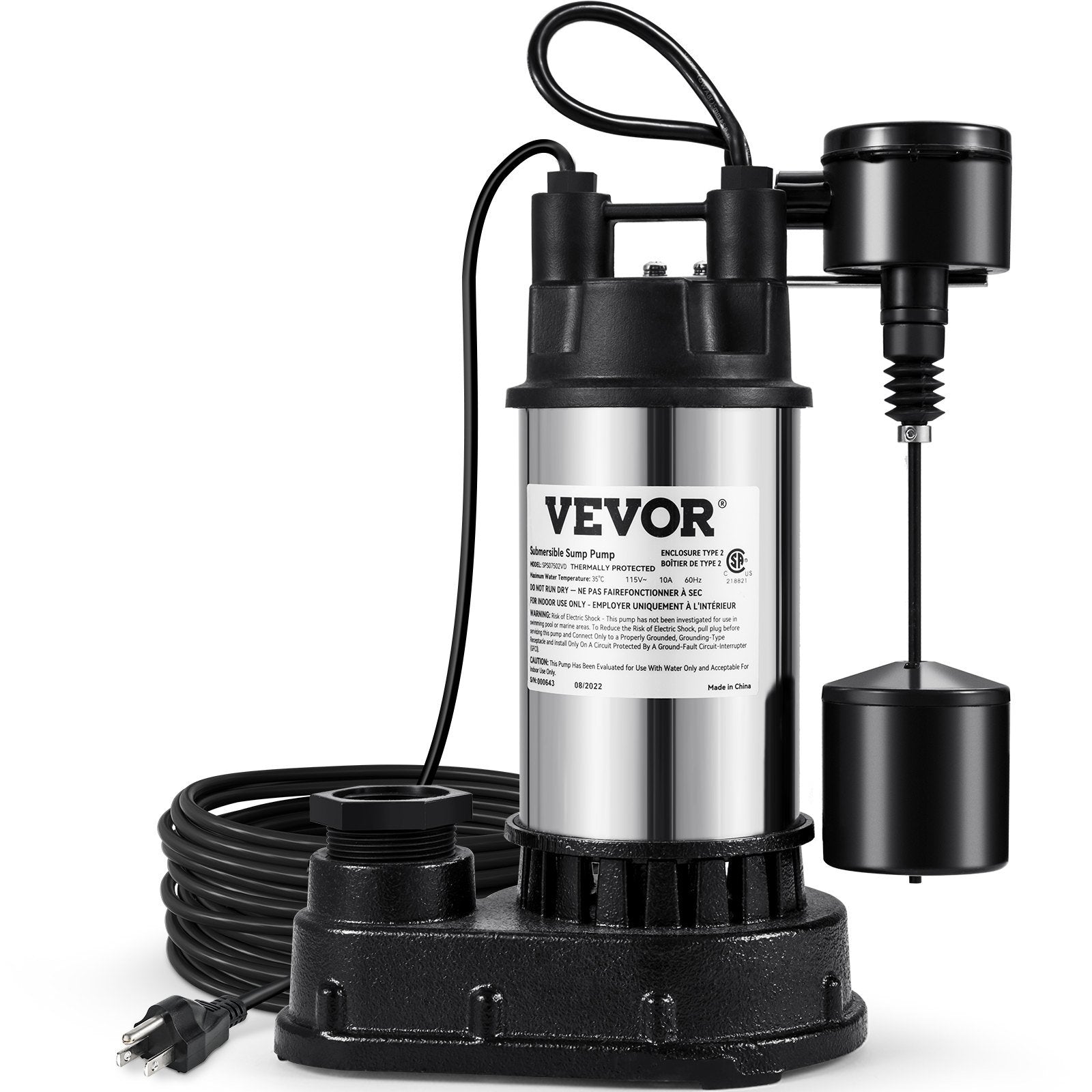 VEVOR 1.5 HP Submersible Cast Iron and Steel Sump Pump, 6000 GPH Submersible Water Pump with Integrated Vertical Float Switch, for Basement Water Basi