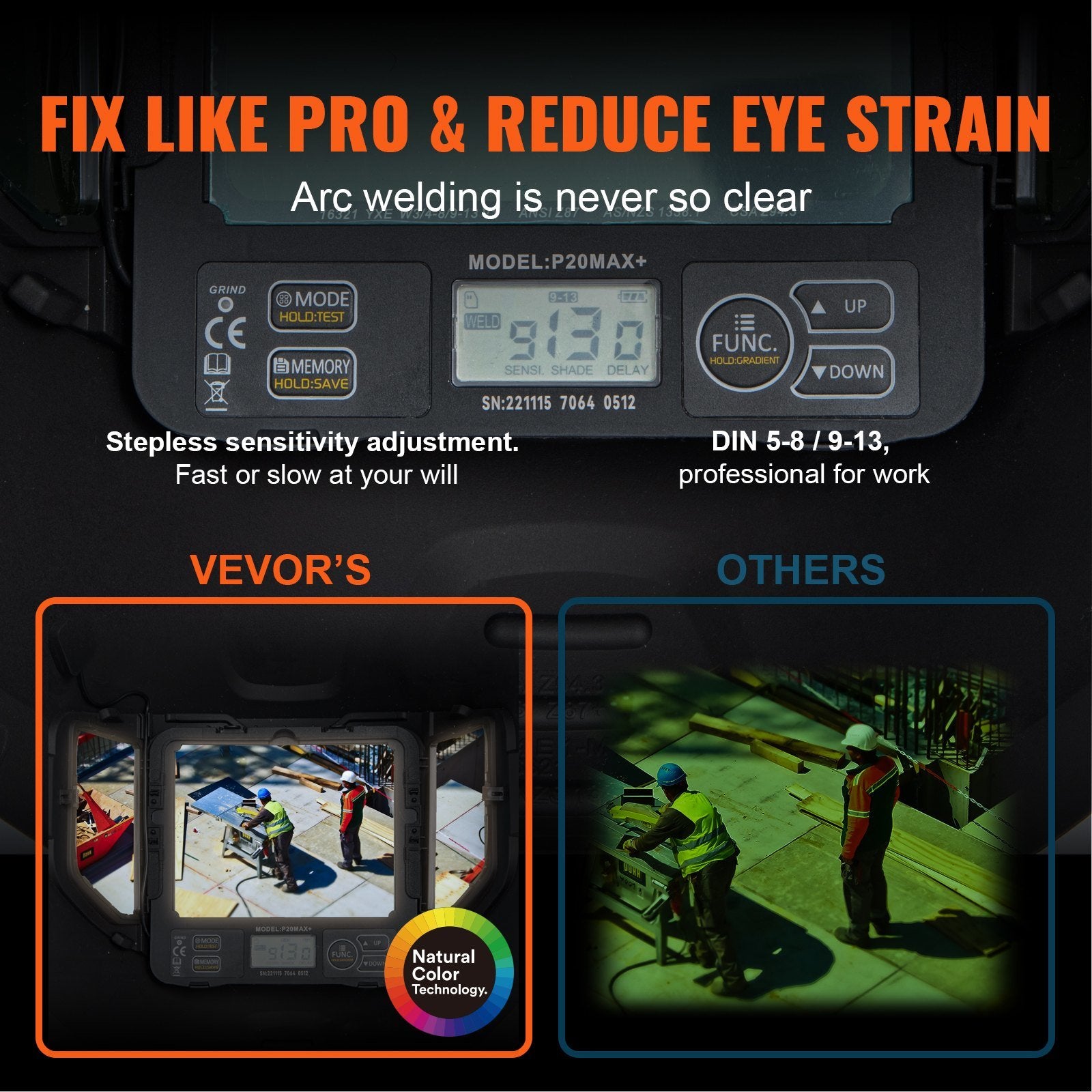 VEVOR Large View Auto Darkening Welding Helmet Arc Tig Mig Grinding Welder Mask