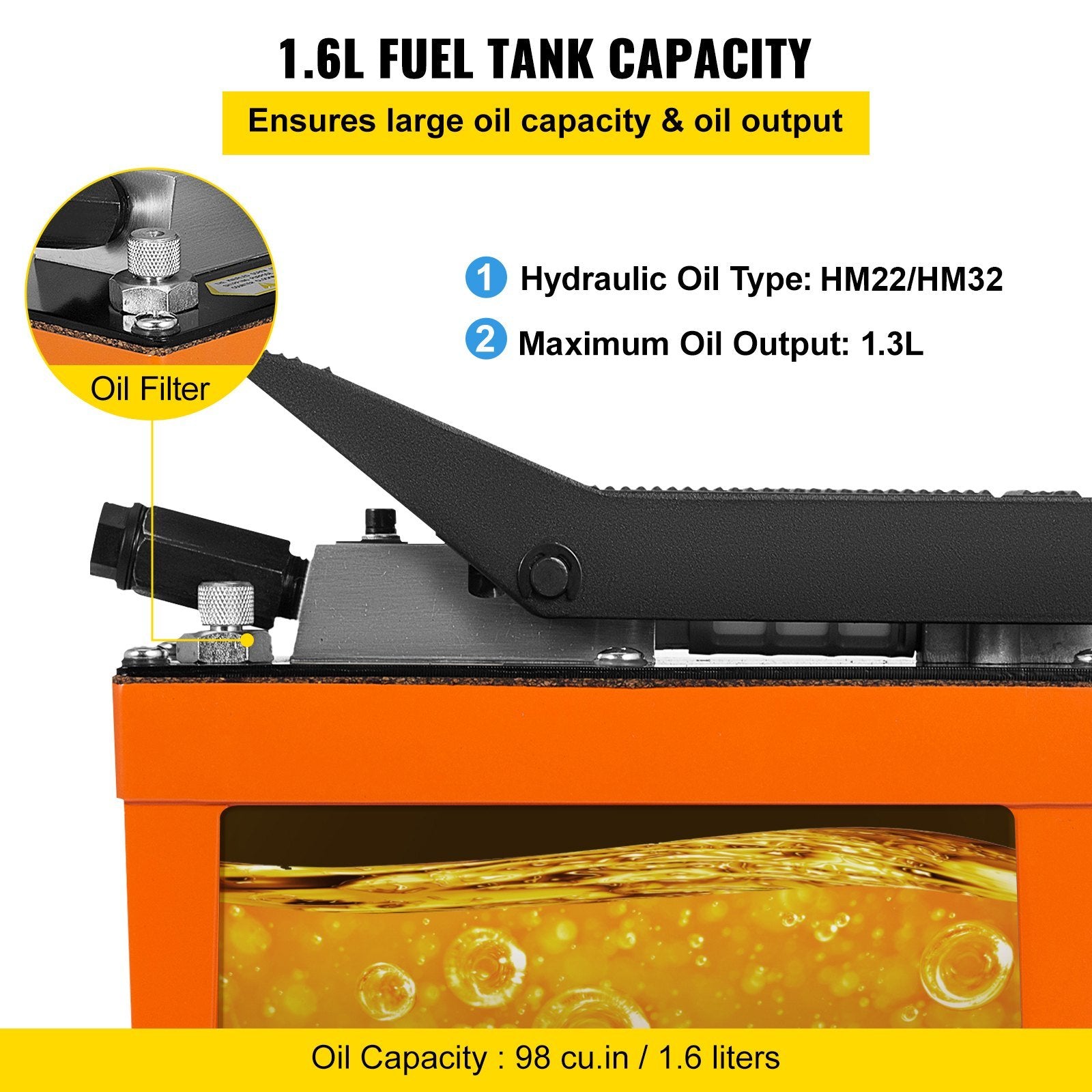 VEVOR Air Hydraulic Pump 10000 PSI Air Over Hydraulic Pump 1/2 Gal Reservoir Air Treadle Foot Actuated Hydraulic Pump 3/8" NPT with 6.56 ft Hose 2 Con