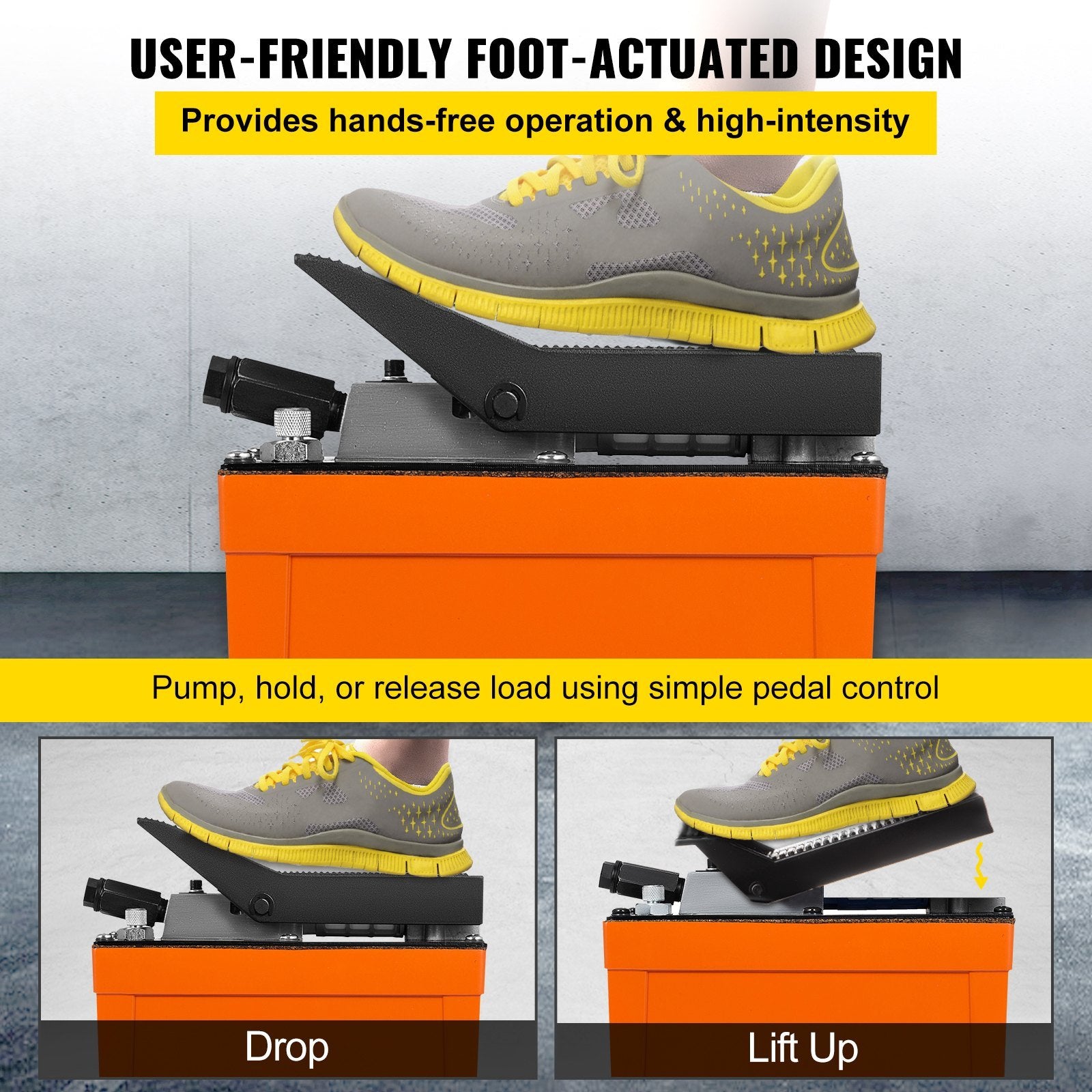 VEVOR Air Hydraulic Pump 10000 PSI Air Over Hydraulic Pump 1/2 Gal Reservoir Air Treadle Foot Actuated Hydraulic Pump 3/8" NPT with 6.56 ft Hose 2 Con