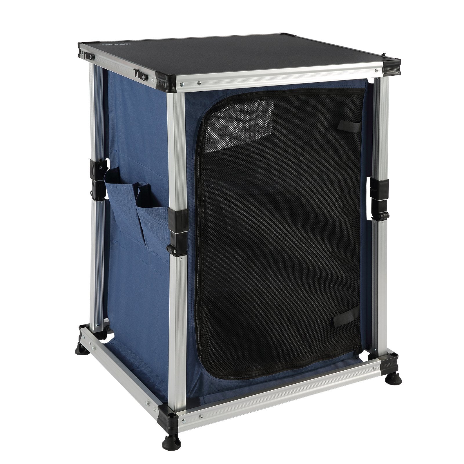 VEVOR Camping Kitchen Table, Pop-up Aluminum Portable Folding Cook Station w/ 3-Tier Storage Organizer, Side Pocket & Carrying Bag, Quick Installation for Outdoor BBQ Party Backyard & Tailgating, Blue