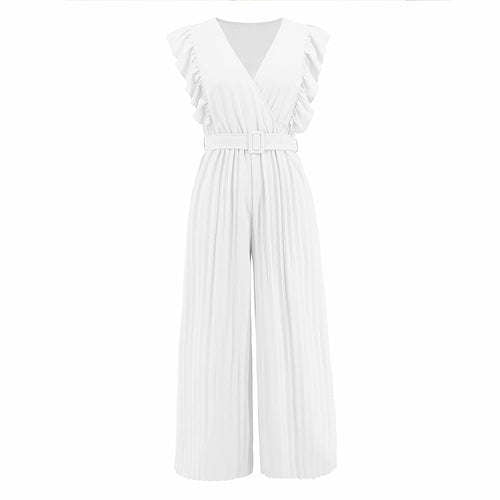 High Waist Sleeveless V-neck Pleated Wide Leg Jumpsuit