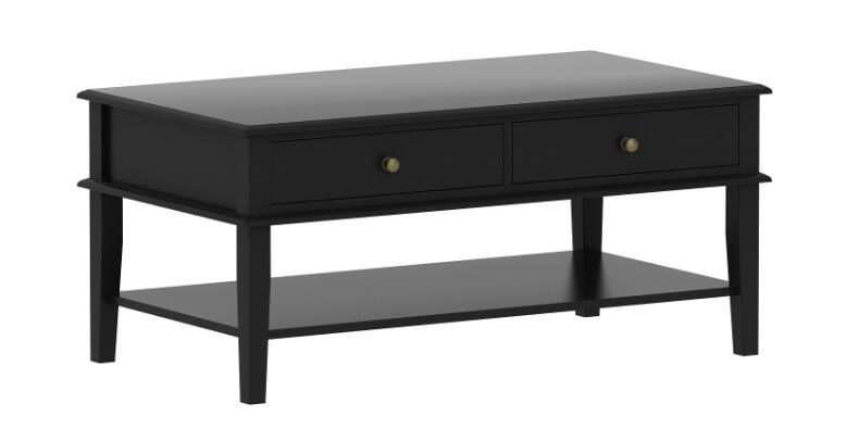 Modern White / Black Coffee Table with Storage Shelf and 2 Drawers for Living Room, Wood Small Coffee Table with Large Storage Space, Easy Assembly, Accent Furniture