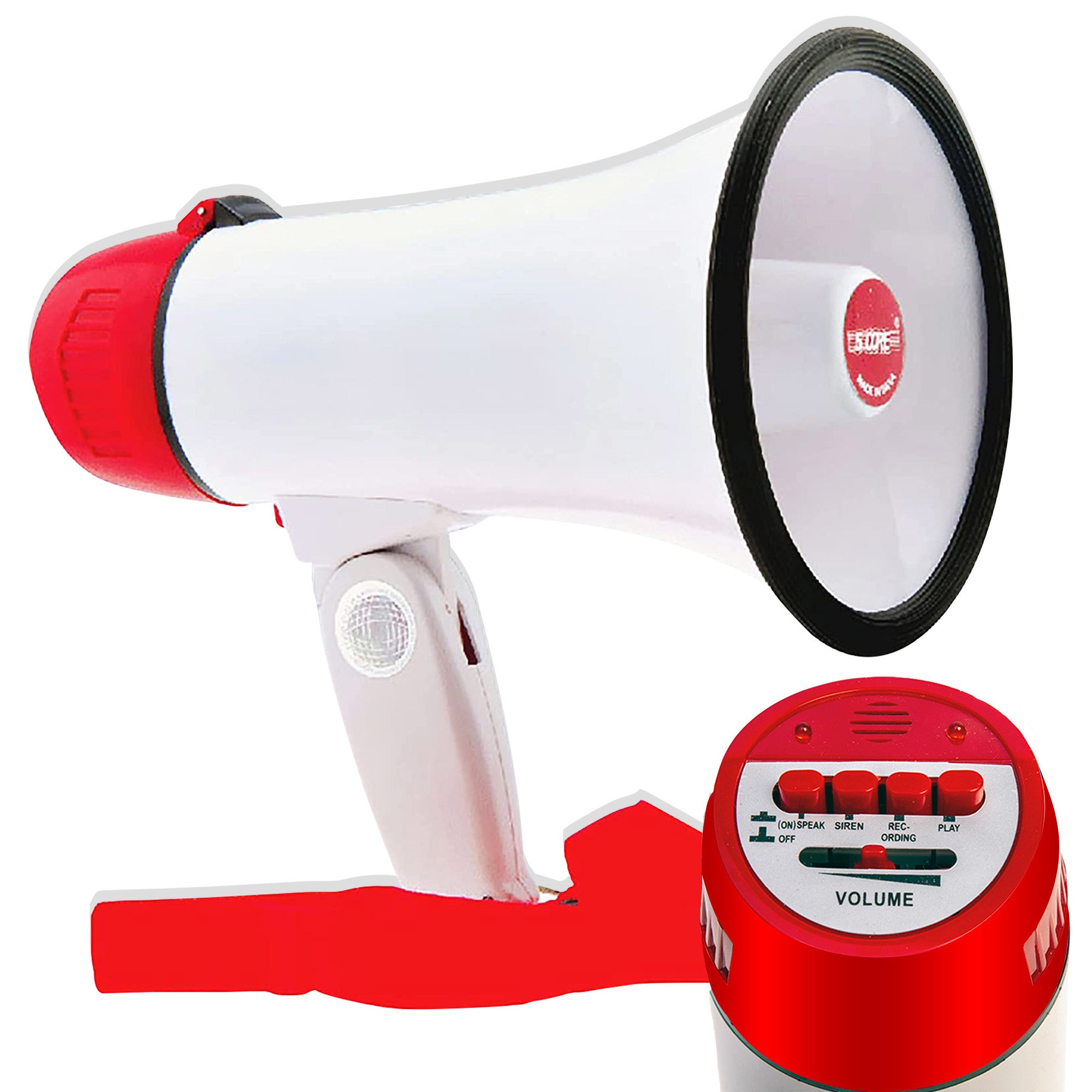 5 Core Megaphone Speaker • Battery Power 30W Bullhorn w Siren • Volume Adjustable Bull Horn • 800 Feet Range • Record Function • Mega Phone for Cheerleading Coaches Safety Drill- 6R