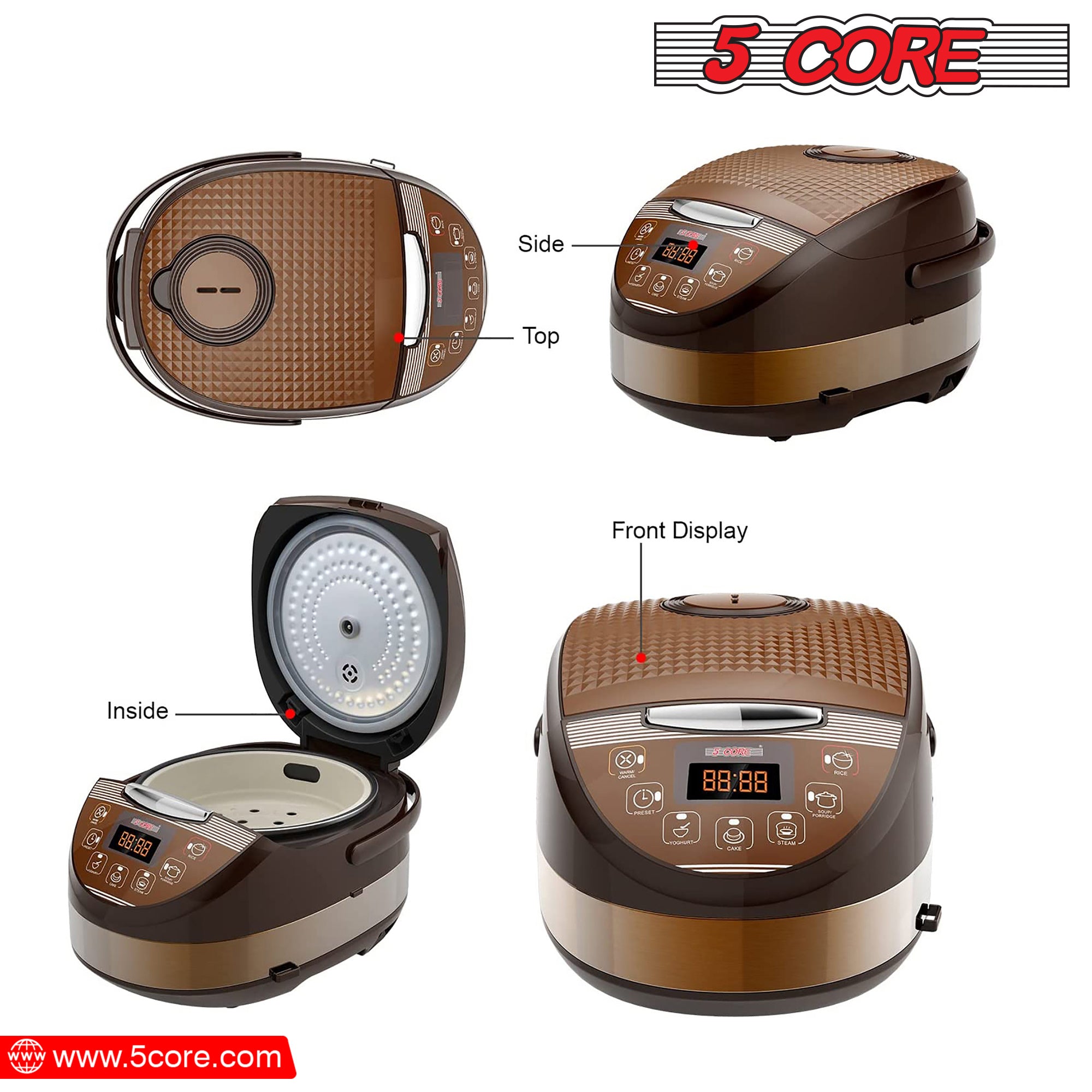 5 Core Asian Rice Cooker • Large Rice Maker • w 15 Preset • Large Touch Screen • Nonstick Inner Pot • 21 Cups Capacity - RC 0502