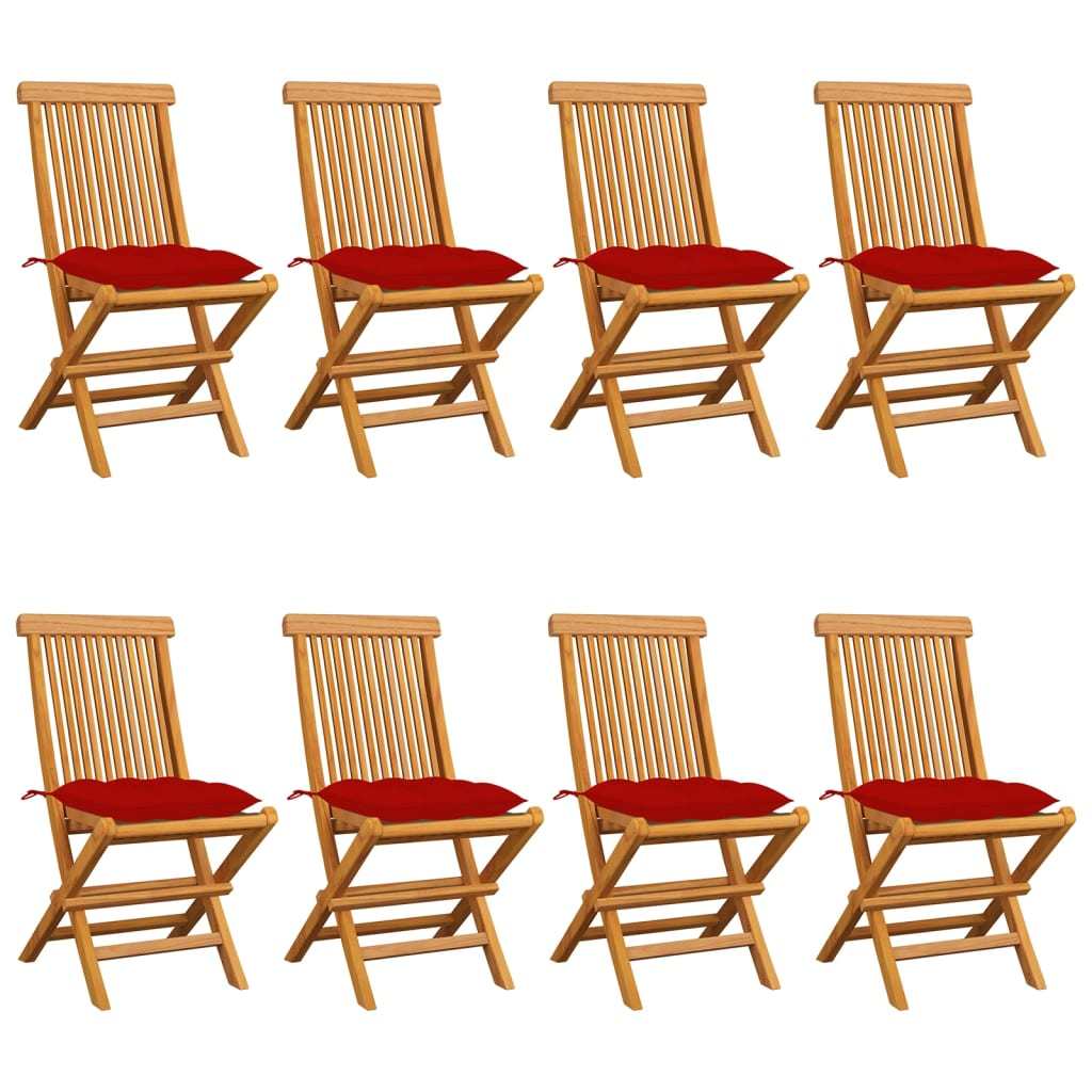 Patio Chairs with Red Cushions 8 pcs Solid Teak Wood