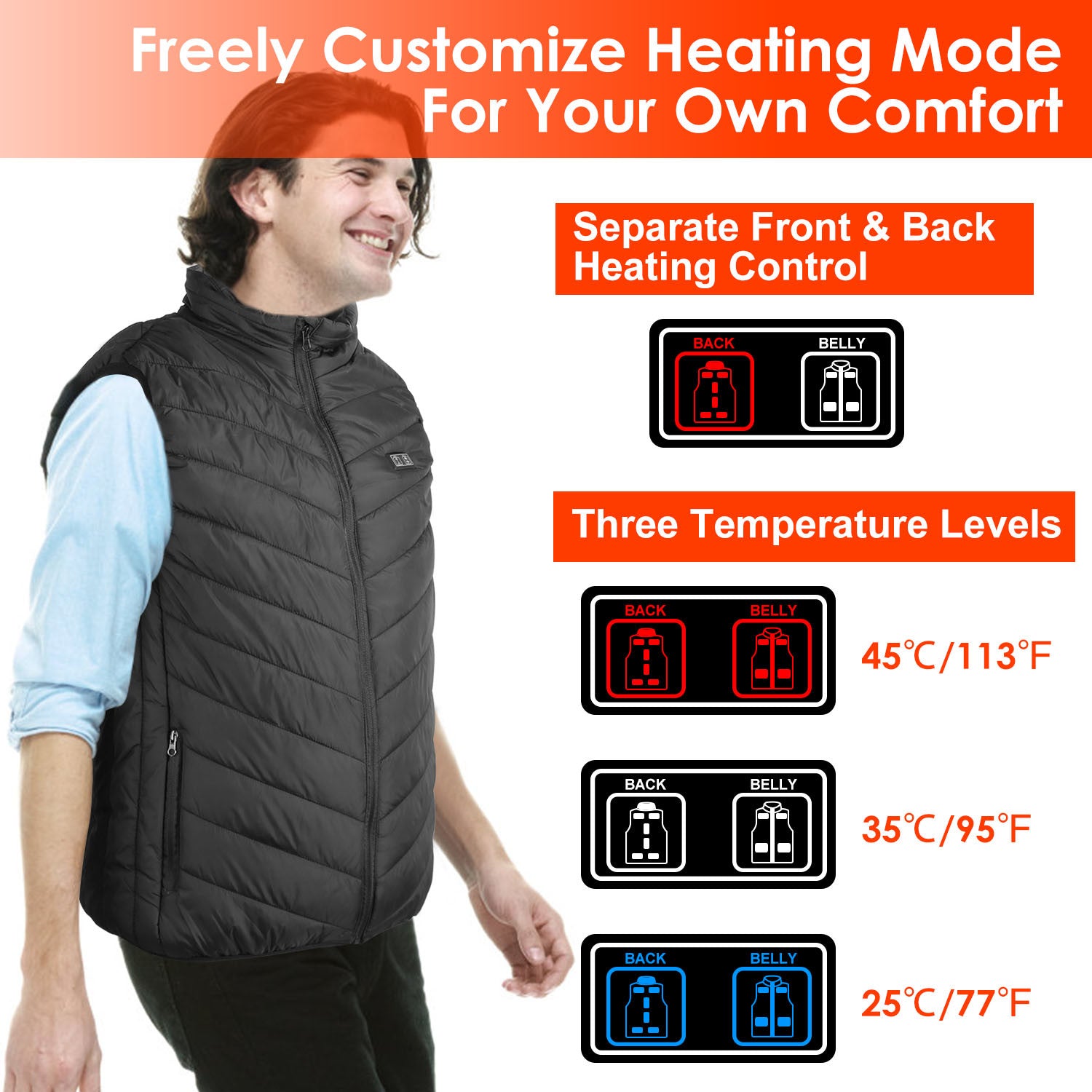 Heated Vest Electric USB Jacket Men Women Heating Coat Thermal Body Warmer Wear with 3 Temperature Levels