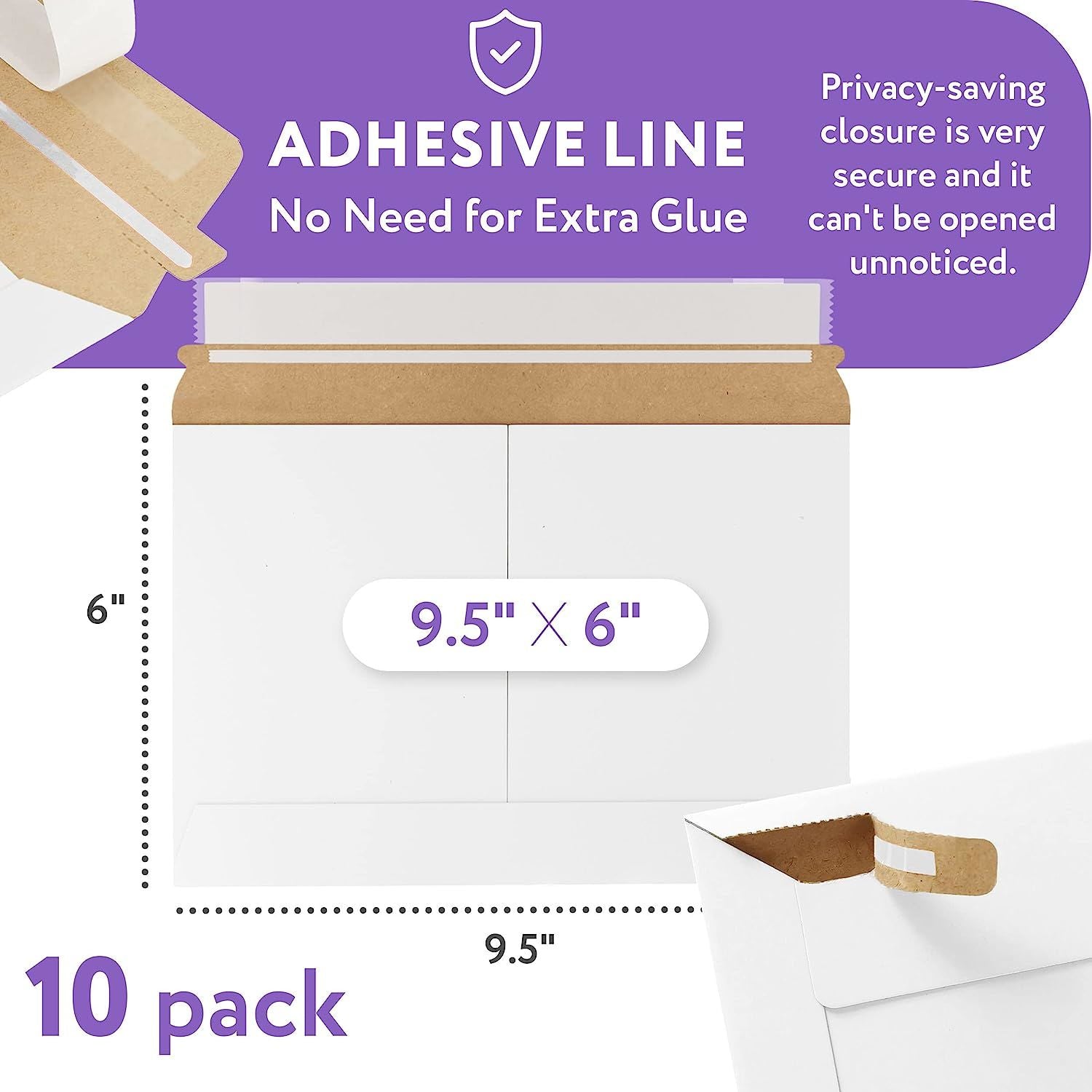 Pack of 10 White Rigid Mailing Envelopes 9 1/2 x 6. Stay Flat Cardboard Envelopes 9.5 x 6 Self-Seal Photo mailers. Peel and Seal Closure. No Bend docu