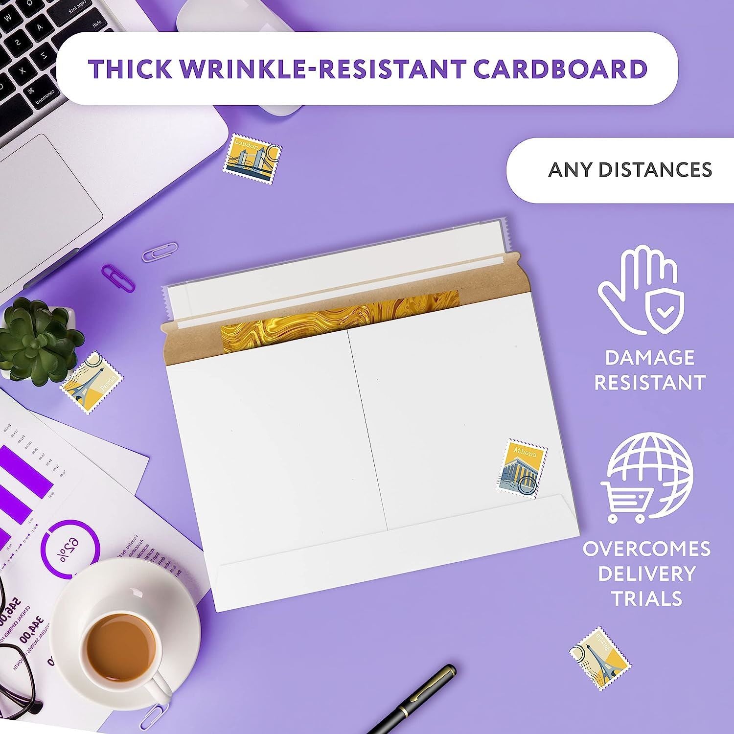 Pack of 10 White Rigid Mailing Envelopes 9 1/2 x 6. Stay Flat Cardboard Envelopes 9.5 x 6 Self-Seal Photo mailers. Peel and Seal Closure. No Bend docu