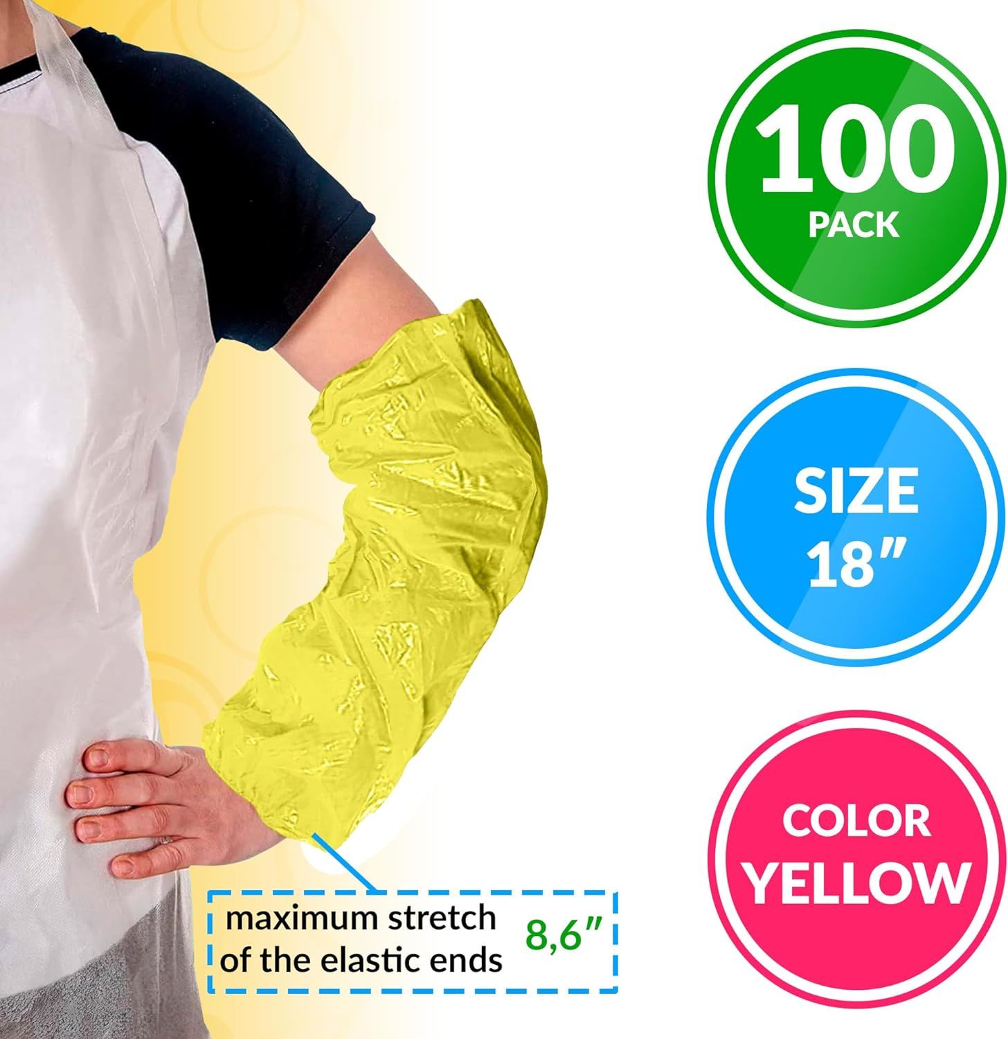 100 Pack Yellow PE Oversleeves 18' size. Polyethylene Disposable Sleeves 1 Mil Thickness. Hand made Industrial Oversleeves with Elasticated Wrist; Elb
