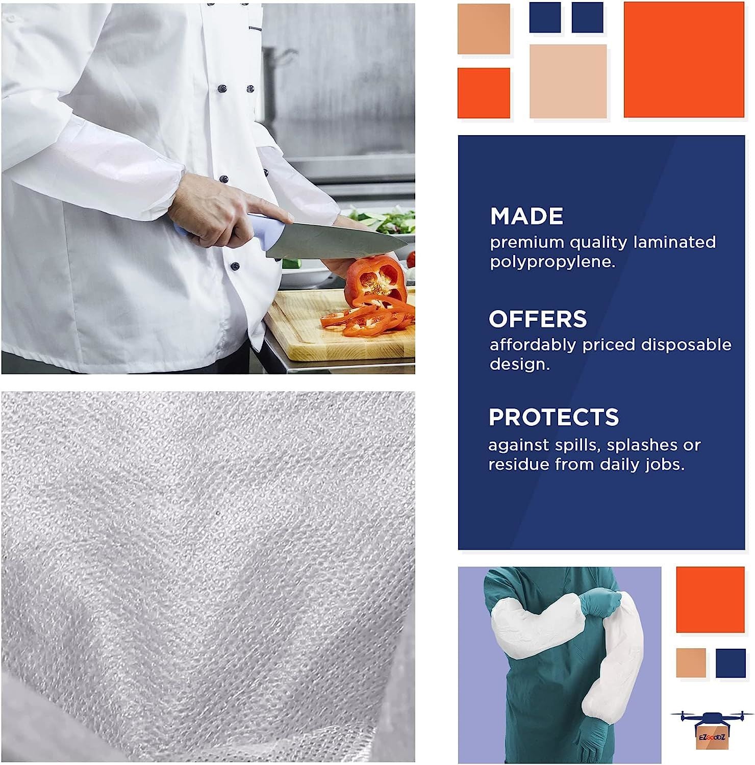 Disposable White Oversleeves 21". Pack of 50 Plastic Waterproof PPE Arm Covers with Elastic Wrist; Elbow. Polypropylene 60 gsm with Microporous Film P