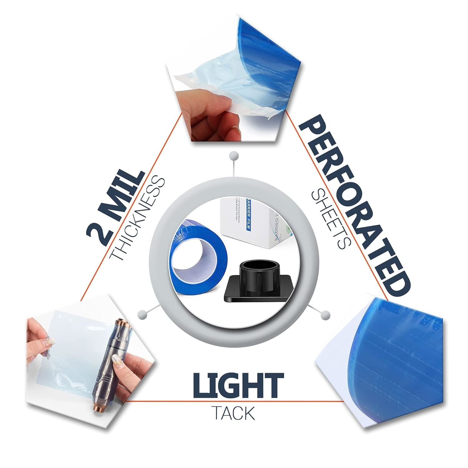 Universal Barrier Film 4" x 6". Roll of 1200 Disposable Adhesive Blue Tape in Dispenser Box. Protective Plastic 2 mil Sheets for Dental; Tattoo; Medic