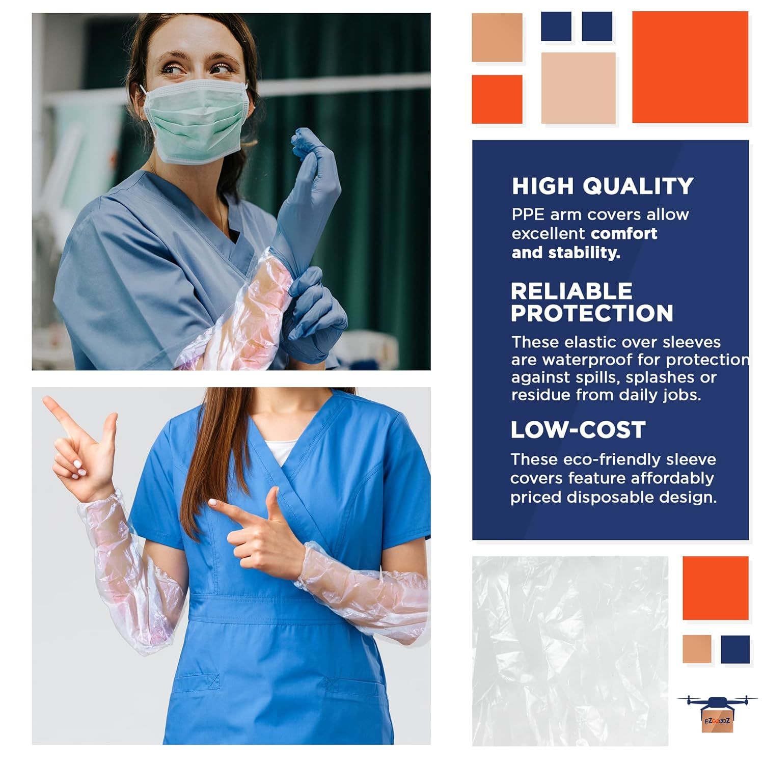 Disposable Clear Oversleeves 18". Pack of 100 Embossed Plastic Waterproof PPE Arm Covers with Elastic Wrist; Elbow. Polyethylene 1 Mil Protective Slee